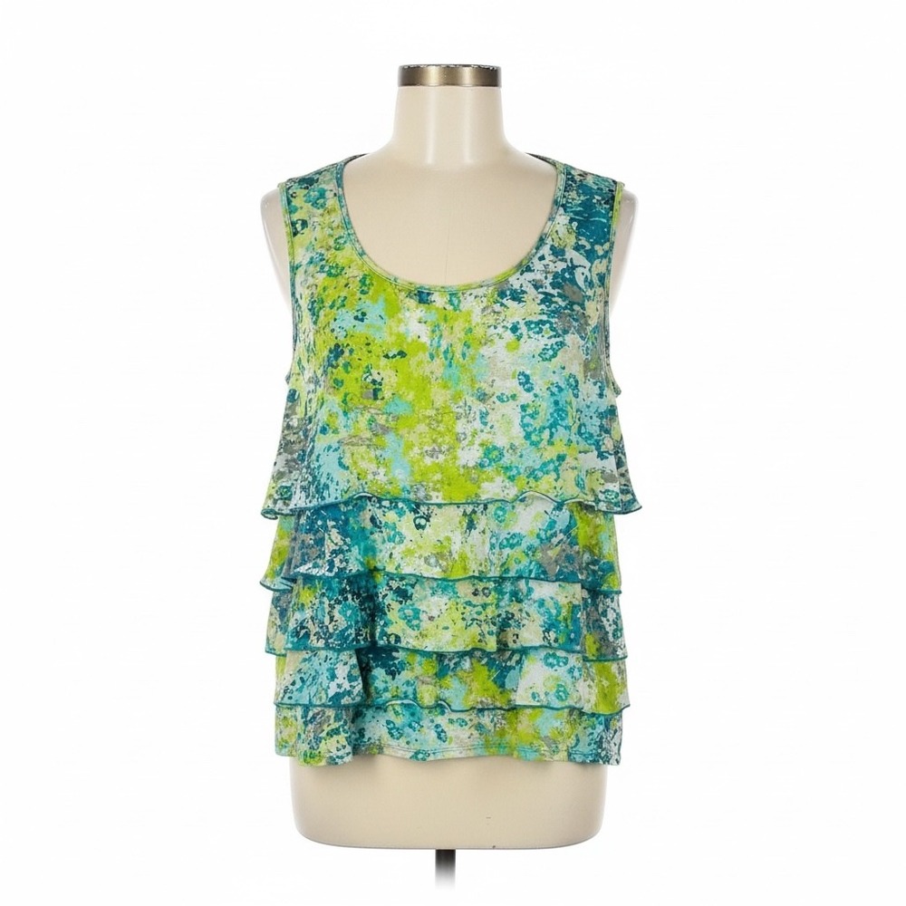 Coldwater Creek Tiered Ruffle Tank Top Green Blue Abstract XL 16